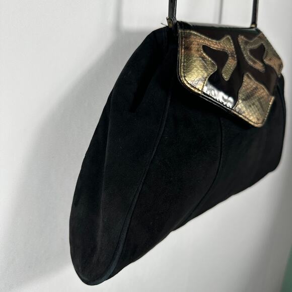 Vintage 1980s Jasmin Hong Kong Suede Snakeskin Leather Shoulder Bag Black Gold - Picture 9 of 16